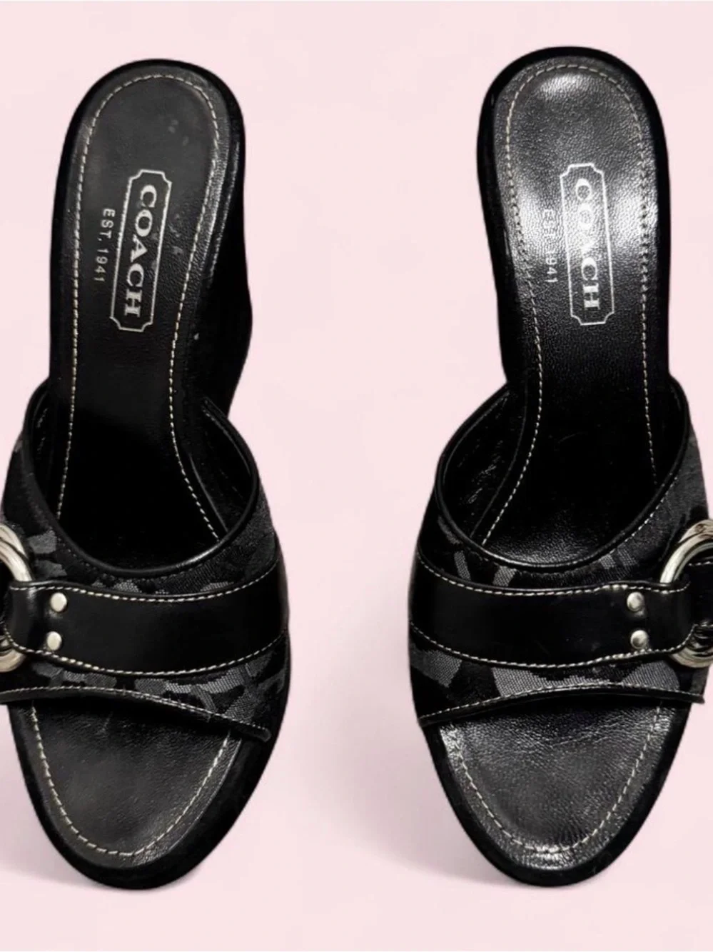 Coach Black Suede Wedge Slide Sandals with Buckle Detail